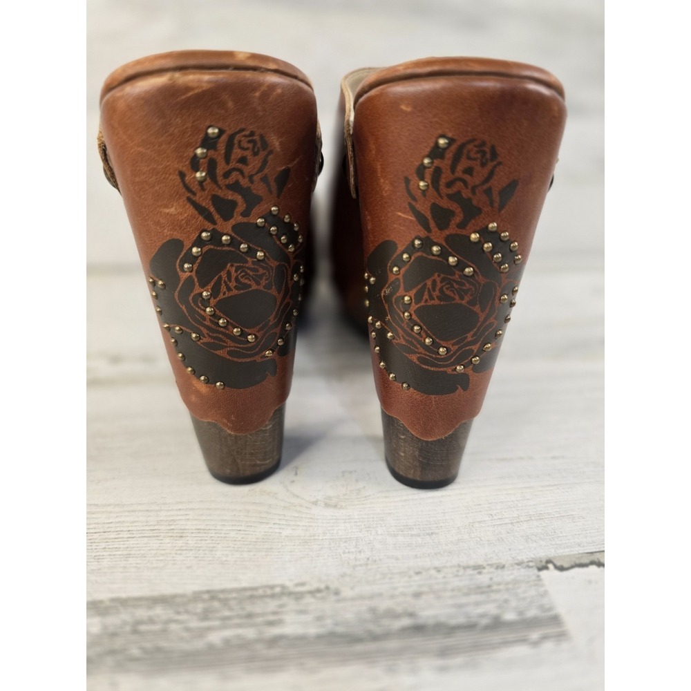 Stuart Weitzman Womens Tan Leather Rose Floral Studded Platform Clog Mules Spain - Picture 5 of 13